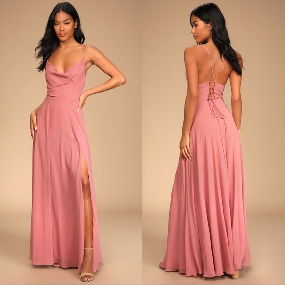 NWOT Lulus‎ Romantically Speaking Rose Pink Cowl Lace-Up Maxi Dress - Picture 1 of 7